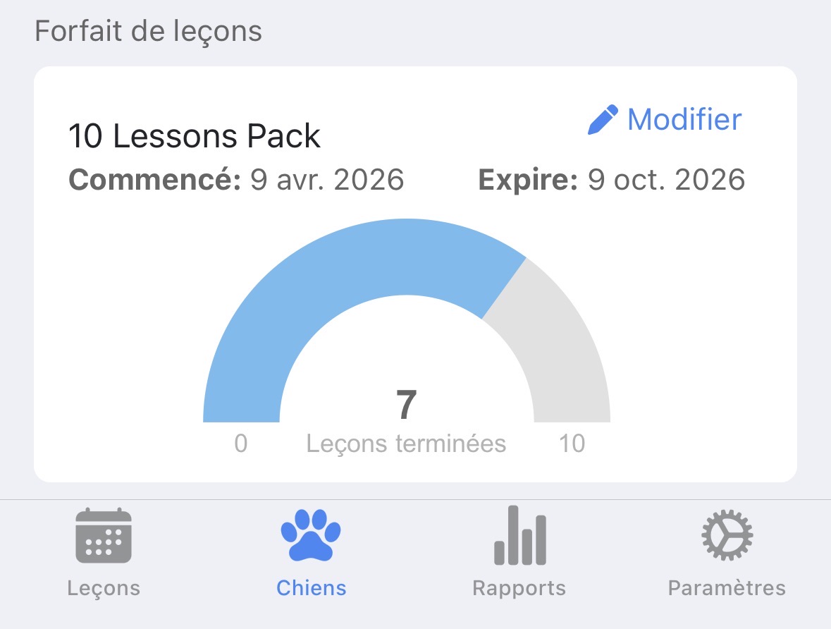 Forfait de cours DogTrainerPro : 7 séances sur 10 effectuées avec jauge visuelle et date d'expiration