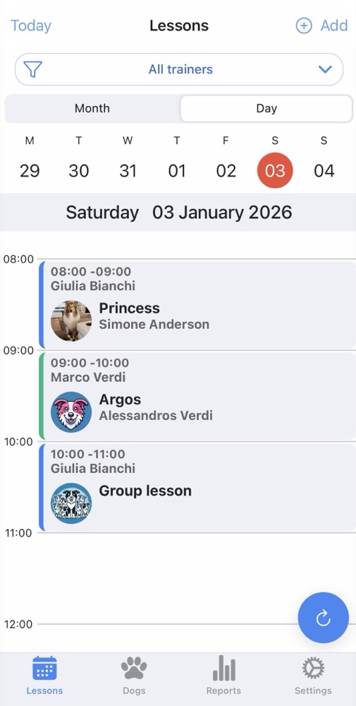 DogTrainerPro daily view: appointments with dog name, owner and time in one native iOS screen