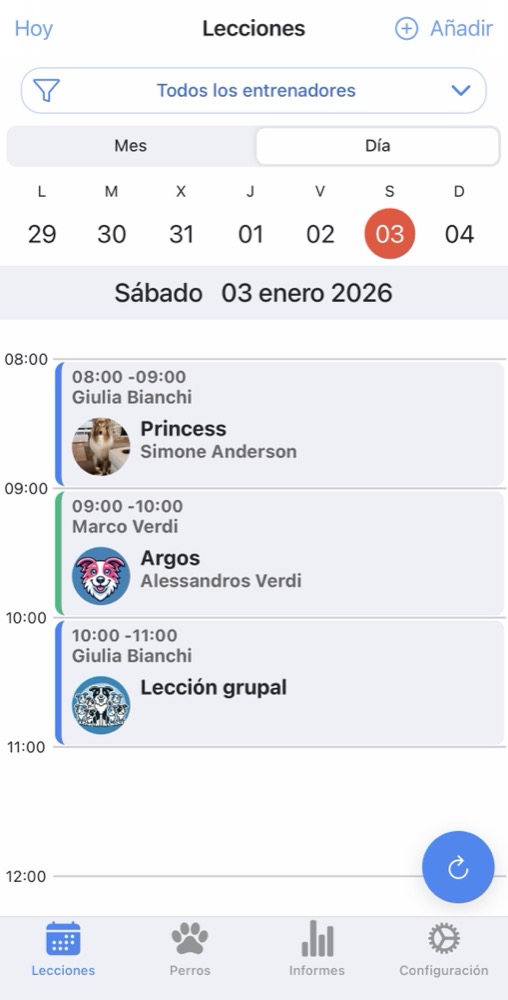 Vista diaria de la app nativa iOS DogTrainerPro: citas con nombre del perro, propietario y horario