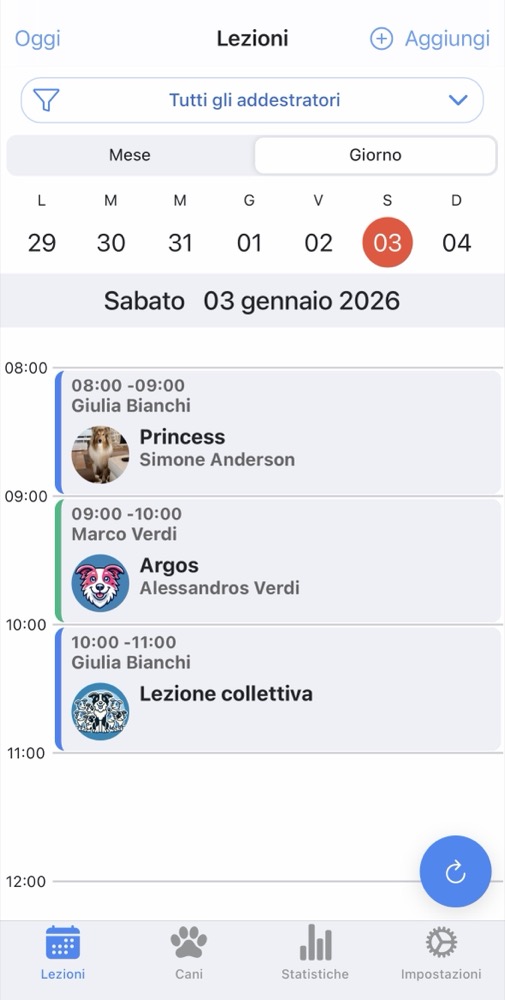 Vista giornaliera DogTrainerPro: lezioni con nome del cane, proprietario e orario in un'unica schermata