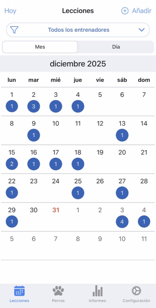 Vista mensual del calendario DogTrainerPro con citas organizadas por día