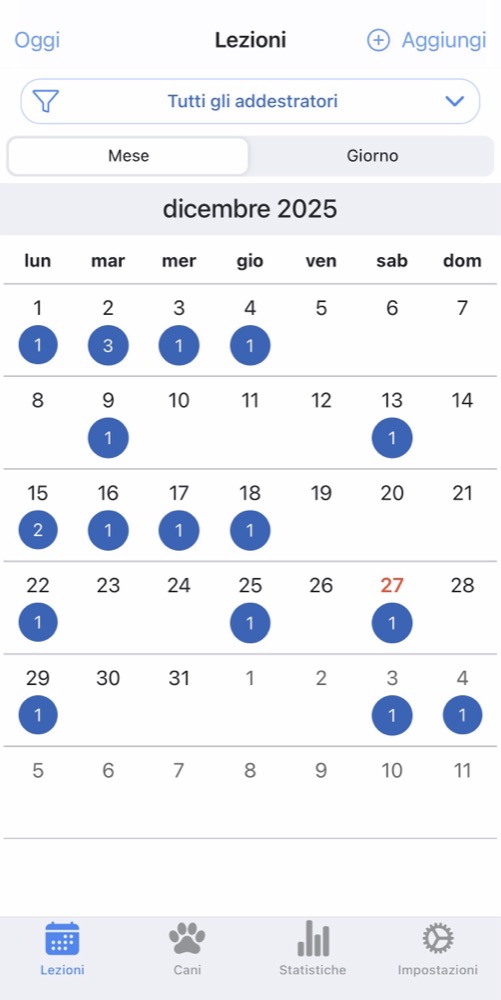 Vista mensile del calendario DogTrainerPro con appuntamenti organizzati per giorno